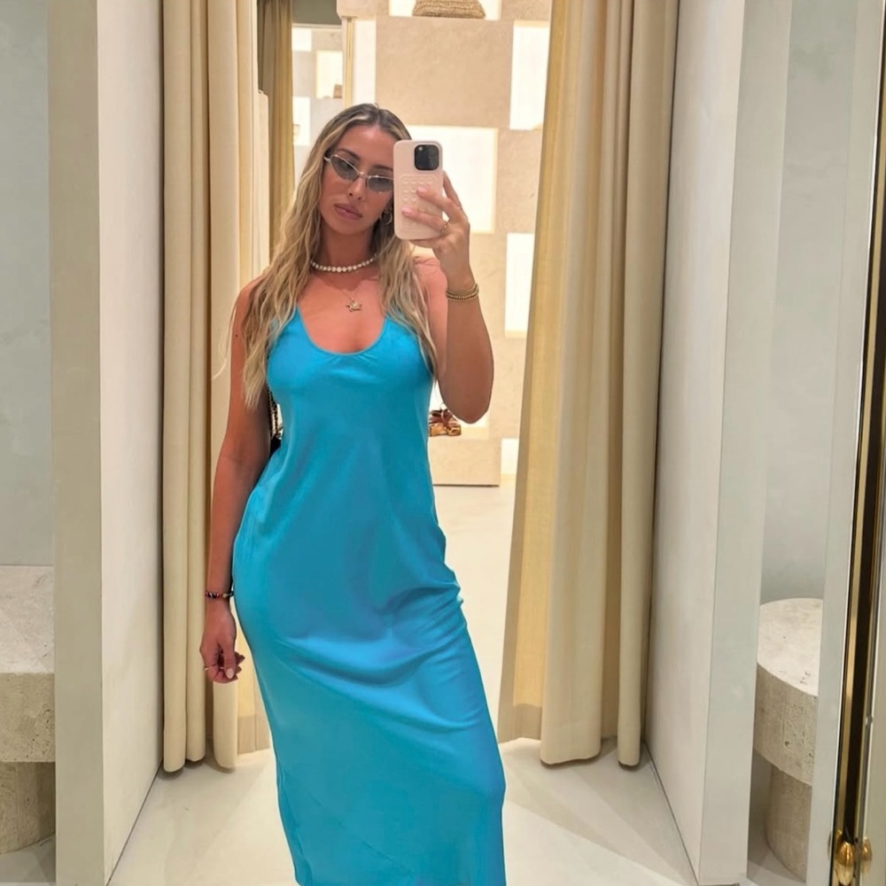 Zara midi dress turquoise blue satin effect evening casual wedding